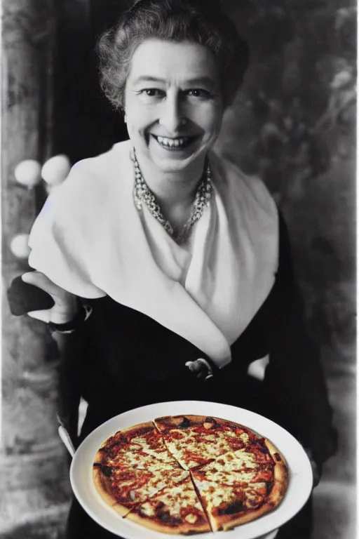 Prompt: historical photo of queen margherita ( savoy ) smiling seductively at her pizza margherita, closeup photo, portrait photo, diffuse light, acclaimed masterpiece