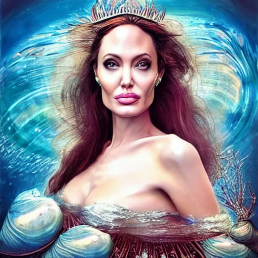 Image similar to “ angelina jolie portrait, fantasy, mermaid, hyperrealistic, game character, underwater,, highly detailed, cinematic lighting, pearls, glowing hair, shells, gills, crown, water, highlights, starfish, goddess, jewelry, realistic, digital art, pastel, magic, fiction, ocean, queen, colorful hair, sparkly eyes, fish, heroic, waves, bubbles ”