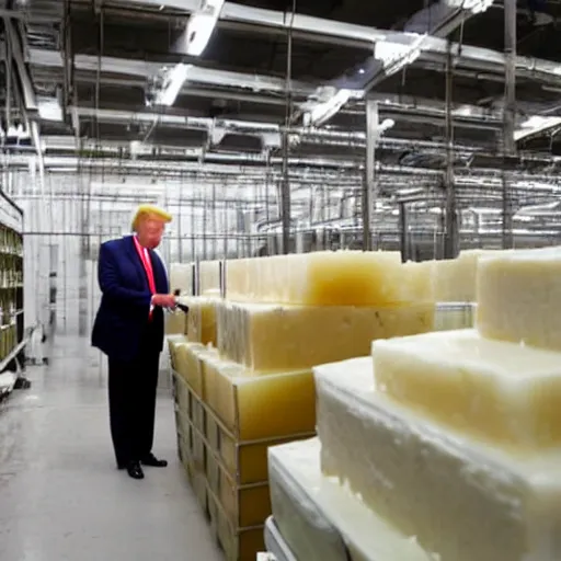 Image similar to donald trump inspecting quality of soap in a soap factory