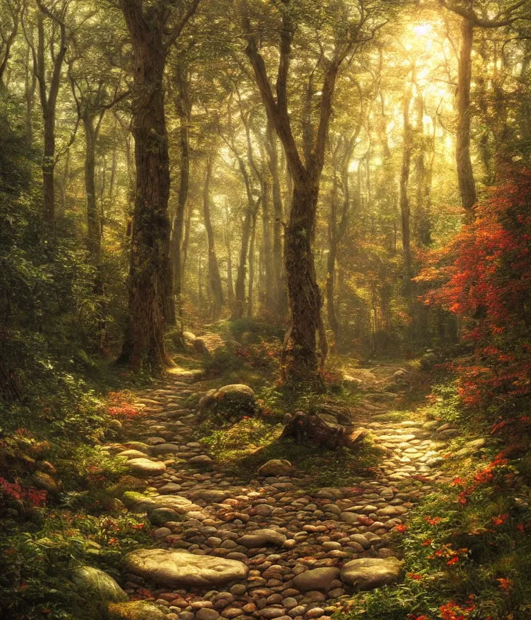 Prompt: a beautiful hyperrealistic detailed painting of a stone path leading up and through a magical forest, by federic edwin church, by fitz henry lane, gigantic, 3 d, brilliantly coloured, intricate, ultra wide angle, trending on artstation, whispy, sun beams, light, morning, volumetric lighting, polished, micro details