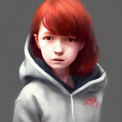 Image similar to a cute tiny girl with short red hair wearing a hoodie, digital art, very beautiful face, pretty face, very detailed eyes, full body illustration, 8 k resolution, soft painting, by greg rutkowski, wlop, rossdraws,