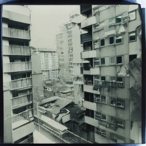 Image similar to A polaroid of a cyberpunk apartment balcony. Signed 1962