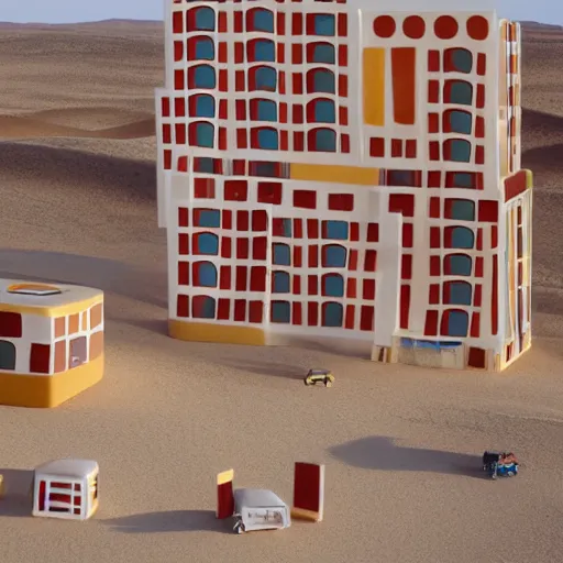 Image similar to big scale baby toy hotel in the dessert, cubism
