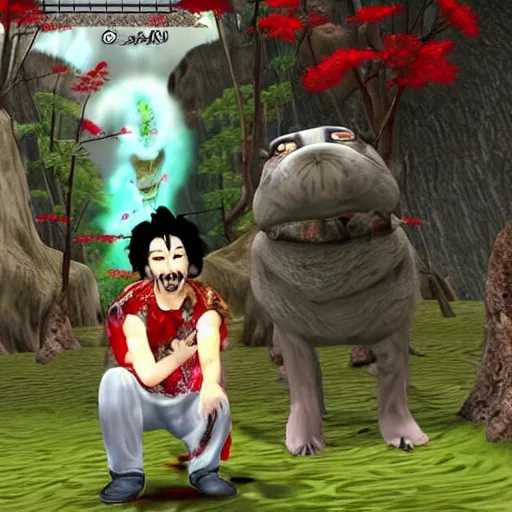 Image similar to Screenshot of the Markiplier character in the PlayStation 2 game Okami. HDR, 4k, 8k, Okami being petted by the YouTuber Markiplier, who is looking at the camera while petting Okami. Very accurate depiction of Markiplier in Okami. Okami looks exactly like the game.