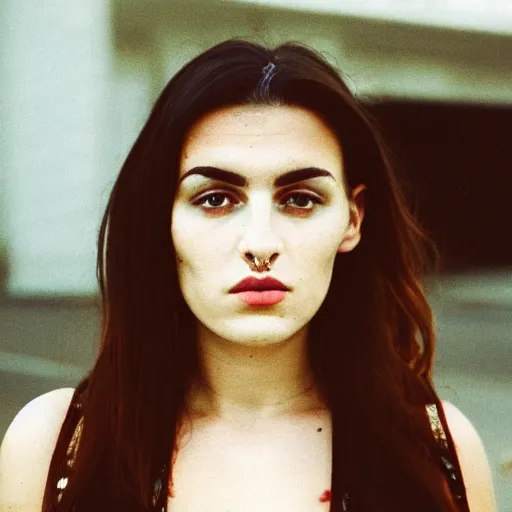 Image similar to 35mm film photo of an atractive cool alternative bosnian woman in her early 20s. beautiful face. She has dark brown hair, dark thick eyebrows, brown eyes and shoulder long hair.