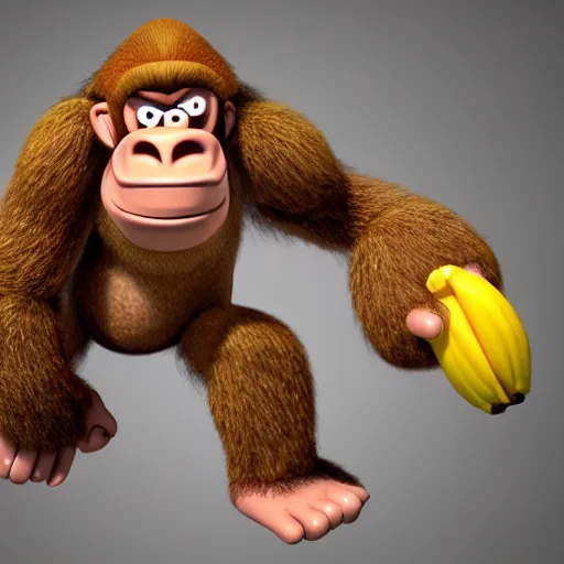 Image similar to Donkey Kong stepping on a banana, 3D render, detailed clay model