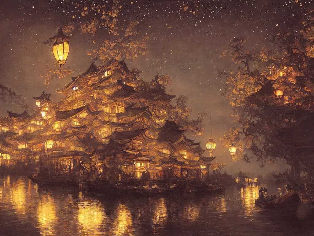 Image similar to view from the river of a beautiful painting of the lantern festival in a an ancient japanese town, at night with a sky full of stars, intricate, elegant, highly detailed, digital painting, artstation, concept art, by krenz cushart and artem demura and alphonse mucha