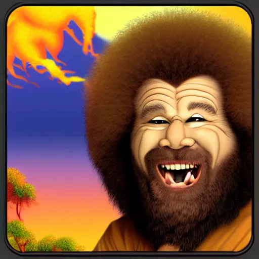 Image similar to bob ross screaming chasing after lion