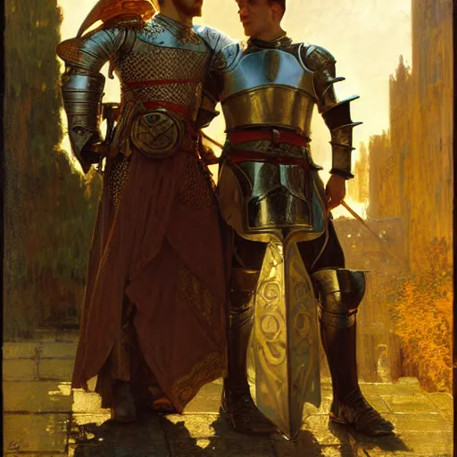 Image similar to attractive arthur pendragon and his attractive male knight, they are in love, natural lighting, path traced, highly detailed, high quality, digital painting, by gaston bussiere, craig mullins, alphonse mucha j. c. leyendecker