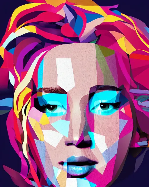 Prompt: cubist portrait of jennifer lawrence cutout digital illustration cartoon colorful beeple