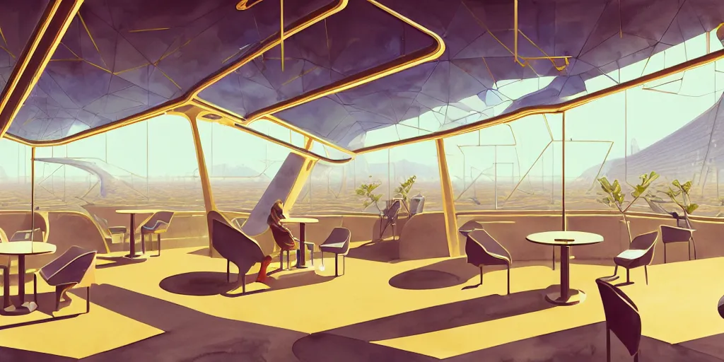 Image similar to a beautiful illustration of futuristic cafe interior, big medium small, sacred geometry, golden ratio, in watercolor gouache detailed paintings, in style of syd mead, trending on artstation, 8 k, panel, hard surface, vent, zaha hadid, props, plant, cozy, decoration around the room, simon stalenhag, deus ex