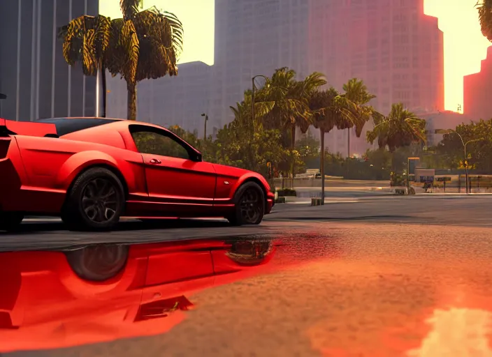 Image similar to still next - gen ps 5 game grand theft auto 6 2 0 2 4 remaster, graphics mods, rain, red sunset, people, rtx reflections, gta vi, miami, palms and miami buildings, photorealistic screenshot, unreal engine, 4 k, 5 0 mm bokeh, close - up ford mustang, gta vice city remastered, artstation