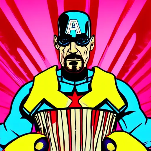 Prompt: Synthwave digital art of Walter White eating Captain America themed cake