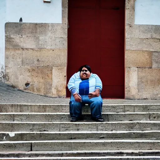 Prompt: an obese indian in a wheelchair on steps in Porto, detailed photo