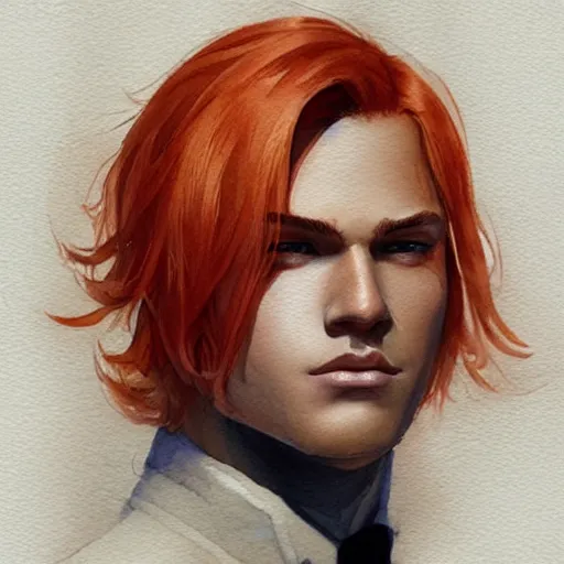 Prompt: young man, orange hair, short hair, elegant, intricate, slightly muscular, sharp focus, highly detailed, artstation, watercolor, by charlie bowater and ross tran