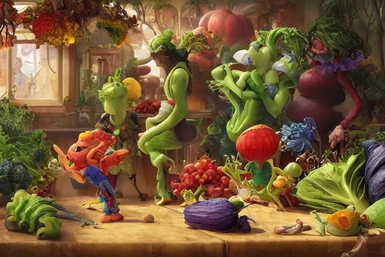 Image similar to vegetable small creatures parade on a cutting board. kitchen in the background. digital art, realistic, pixar style, highly detailed, cinematic, matte painting, vivid colors, realistic, epic, low angle, lighting, by greg rutkowski and artgerm and alphonse mucha