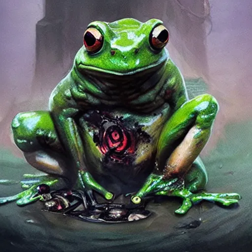 Image similar to A frog priestess with bloody eyes by greg rutkowski in the style of magic the gathering