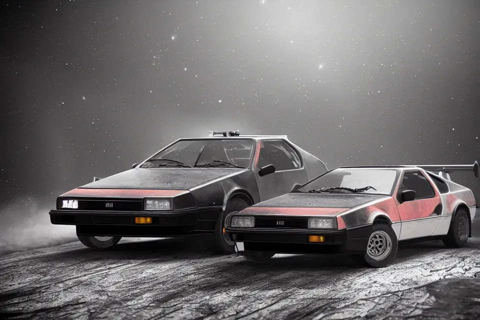 Prompt: ultra realistic toyta trueno ae 8 6 inspired by delorean dmc 5 drifting on ancient space highway wreckage in space, dark cinematic, volumetric, realistic, 3 d render, realistic render, cinematic lighting, volumetric lighting, atmospheric, cinematic, unreal engine 5, unreal engine render, octane render, hd, photorealism, hyper realistic, 8 k