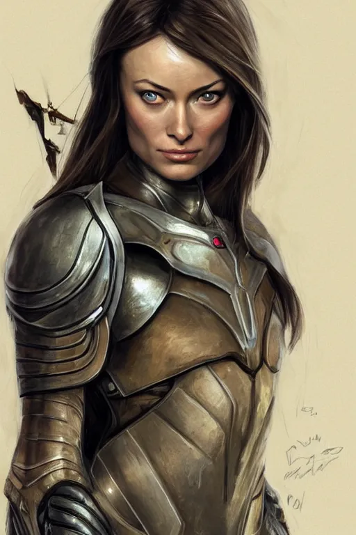 Image similar to a professional painting of a young Olivia Wilde, clothes in military armor, olive skin, long dark hair, beautiful bone structure, symmetrical facial features, intricate, elegant, digital painting, concept art, smooth, sharp focus, illustration, from StarCraft by Ruan Jia and Mandy Jurgens and Artgerm and William-Adolphe Bouguerea