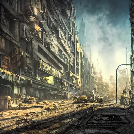 Image similar to post apocalyptic dieselpunk city , highly detailed, 4k, HDR, award-winning photo, glowave neon