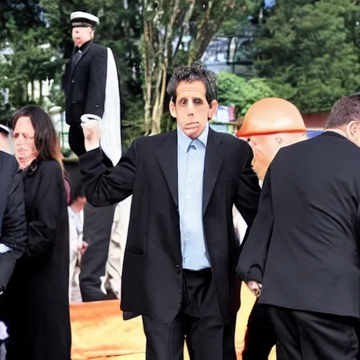 Prompt: ben stiller dressed in black, heartbroken at his father's burial, casket being lowered into the ground, a wailing woman in the background