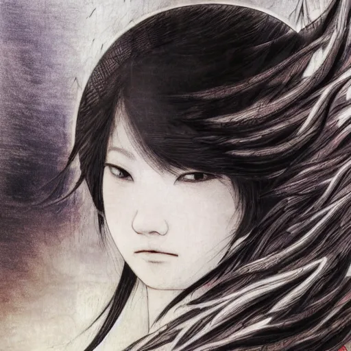 Image similar to yoshitaka amano blurred and dreamy realistic illustration of a japanese woman with black eyes, wavy white hair fluttering in the wind wearing elden ring armor with engraving, abstract patterns in the background, satoshi kon anime, noisy film grain effect, highly detailed, renaissance oil painting, weird portrait angle, blurred lost edges, three quarter view