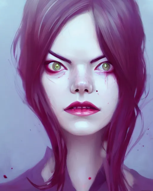 Image similar to a portrait of a beautiful full body Emma Stone vampire sharp teeth open mouth, covered in blood, art by lois van baarle and loish and ross tran and rossdraws and sam yang and samdoesarts and artgerm, digital art, highly detailed, intricate, sharp focus, Trending on Artstation HQ, deviantart, unreal engine 5, 4K UHD image