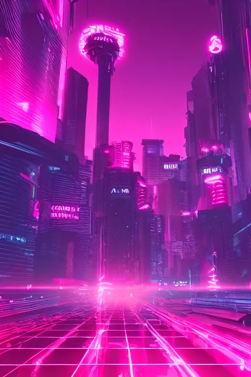 Image similar to cyberpunk syntwave landscape, pink neon lights, futuristic, cgsociety, in the style of artstation