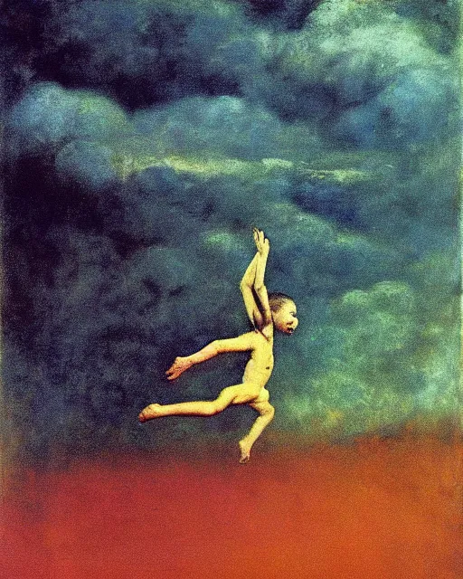 Prompt: early color photo of a scared boy flying in sky, Beksinski painting, part by Adrian Ghenie and Gerhard Richter