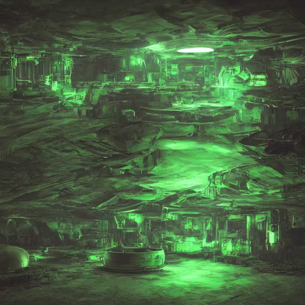 Image similar to secret under ground base with a green glowing uranium tank, concept art, digital art, octane render, xray melting colors
