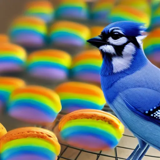 Image similar to A photograph of a (photorealistic blue jay) standing on a large basket of rainbow macarons.