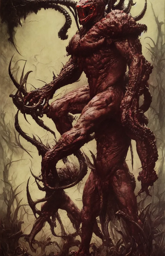 Image similar to the predator in the style of wayne barlowe, gustav moreau, goward, bussiere, roberto ferri, santiago caruso, luis ricardo falero, frazetta