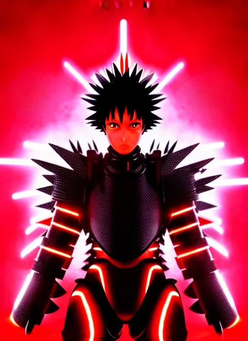 Image similar to a striking cinematic full body manga portrait of a black haired teenager wearing imposing red jagged spiked armour and glowing with red energy by hirohiko araki and beeple, fine details, digital art, character concept art, volumetric lighting, cinematic light, photorealistic