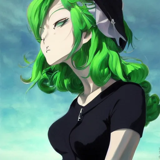 Prompt: painting of tatsumaki from one punch man, green hair, black dress, cool color palette, refreshing, soft lighting, detailed face, realistic shading, by cushart krenz, by makoto shinkai