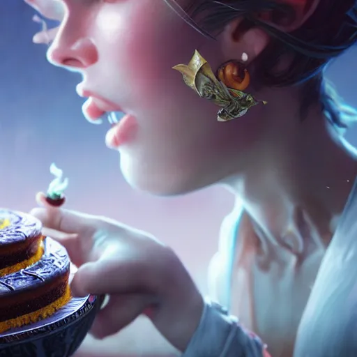 Image similar to cinematic screenshot of a delicious looking birthday cake ; crisp sharp focus ; ultra realistic, concept art, intricate details, food photography, highly detailed, photorealistic, octane render, 8 k, unreal engine. art by artgerm and greg rutkowski and charlie bowater and magali villeneuve and alphonse mucha