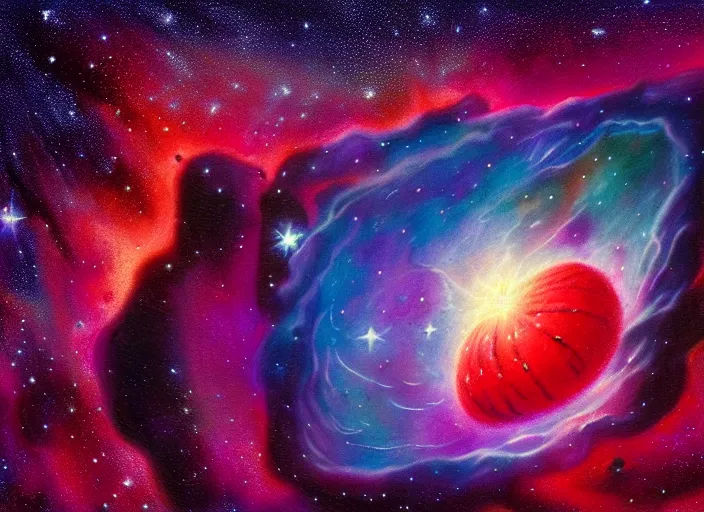 Prompt: watermelon in the deep space, galaxy nebula, abstract star patterns, space gas, myst, by robert mccall, nasa photo, hubble, comets, asteroids, artstation, hd, octane