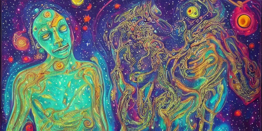 Prompt: a beautiful cosmic detailed painting of an spiritual mystic man in a new world with strage but beautiful beings and psychedelic surreal forms