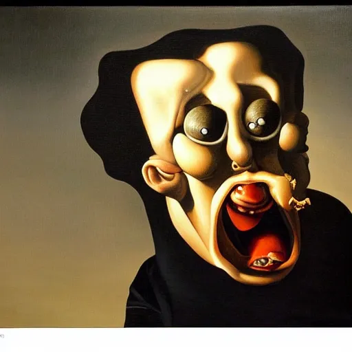 Image similar to oil painting with black background by christian rex van dali todd schorr of a chiaroscuro portrait of an extremely bizarre disturbing mutated man with acne intense chiaroscuro obscuring features lighting perfect composition masterpiece