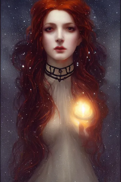 Image similar to Nocturne, glowing, stars, a long-legged occultist woman, long auburn hair, choker, highly detailed, mysterious, ethereal, dressed in black, sigils, haute couture, illustration, dramatic lighting, soft details, painting, by Edmund Blair Leighton, Brom, Charlie Bowater, trending on artstation, faces by otto schmidt