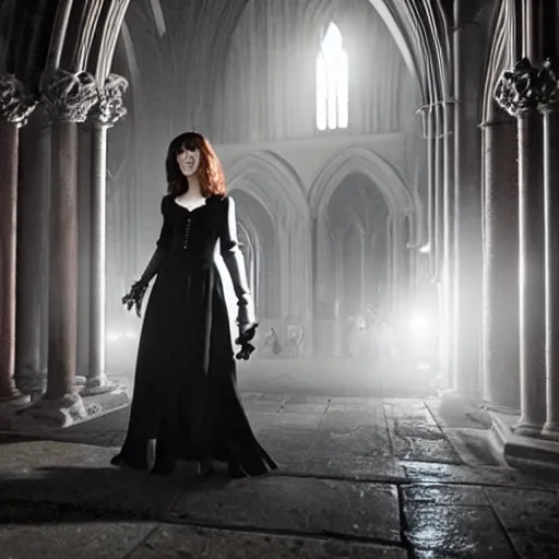 Prompt: mary elizabeth winstead as a vampire about to attack in a gloomy gothic cathedral at night