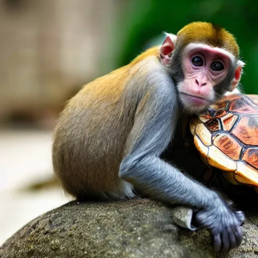 Image similar to a monkey sitting on the back of a turtle