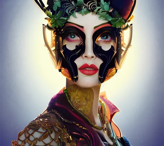 Image similar to beautiful female character inspired by venice carnival and pop art bounty hunter | | digital artwork made by greg rutswork, anna dittmann and lois van barlee, symmetrical rim light, anatomically correct