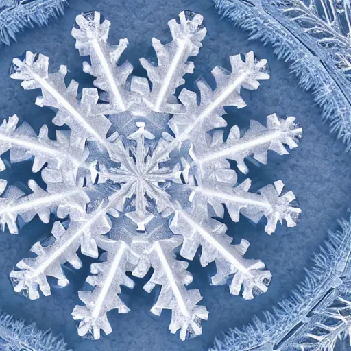 Prompt: close-up of an intricate snowflake, rendered in unreal engine 6, fractal snowflake, HD photography, 4k