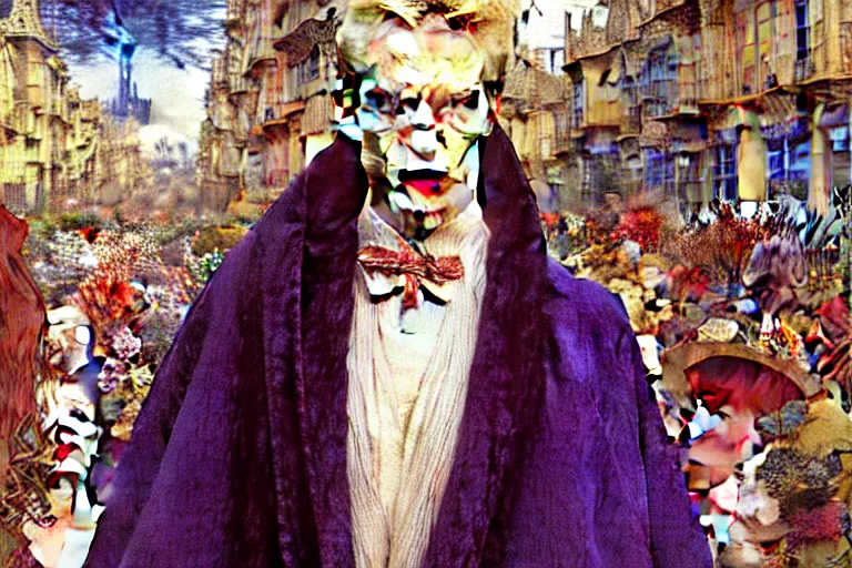 Image similar to realistic extremely detailed closeup portrait painting of an elegant blond male vampire in a cape, detailed crowded crowded city street on background by Jean Delville, Amano, Yves Tanguy, Ilya Repin, Alphonse Mucha, William Holman Hunt, Ernst Haeckel, Edward Robert Hughes, Roger Dean, rich moody colours