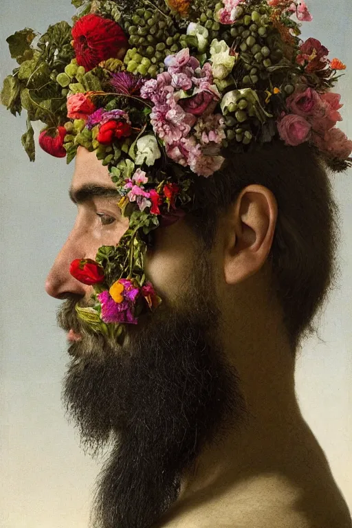 Image similar to a man's face in profile, long beard, a helmet made of flowers and fruit, in the style of the Dutch masters and Gregory crewdson, dark and moody