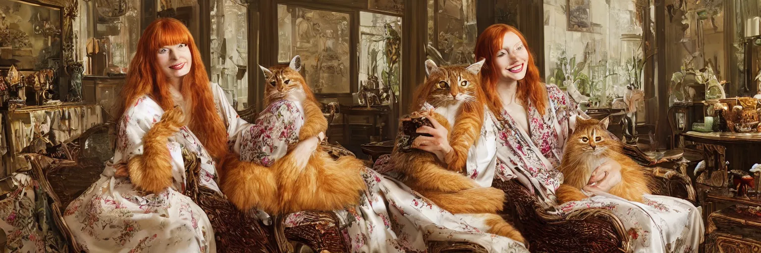 Prompt: a stunning hyper-detailed photorealistic painting of a solitary slender beautiful smiling woman with long ginger hair and bangs, wearing a luxurious silk robe, wearing headphones and posing with her large ginger tabby cat and her raccoon and parrots in an overstuffed easy chair in her sunlit victorian living room, holding a porcelain parrot-shaped coffee mug and a donut, perfect eyes, fashion photography, cinematic lighting, octane render, IBEX Masters, unreal engine, 85 mm lens,