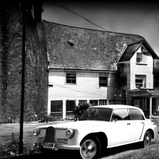 Prompt: an oldie car with turbine, cyber punk, house in background, detailed, award winning, masterpiece, photograph, cinematic, black-white retro photo 1910