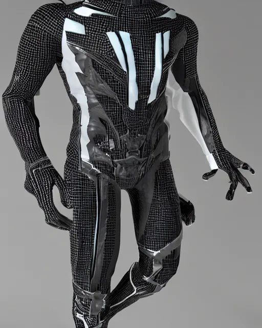 Prompt: black and white cyberpunk spiderman suit sleek greeble suit
