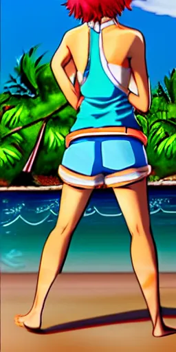 Image similar to leon kuwata and sayaka maizono from danganronpa in swimsuits, 2 people, leon kuwata with an open hawaiian shirt and swim trunks, sayaka maizono with a light blue swimsuit, art by artgerm, romantic and fun beach scene, incredibly detailed and romantic art of leon kuwata and sayaka maizono on the beach, danganronpa