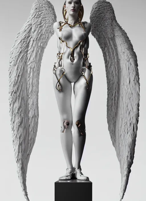 Image similar to a statue made of white marble with gold veins, of an tempting gorgeous futuristic cybernetic angel girl, prostheses, transhumanism, full body shot, perfect symmetrical body, perfect symmetrical face, hyper realistic, hyper detailed, by johannen voss, by peter kemp, by monia merlo, by michelangelo, octane render, blender, 8 k